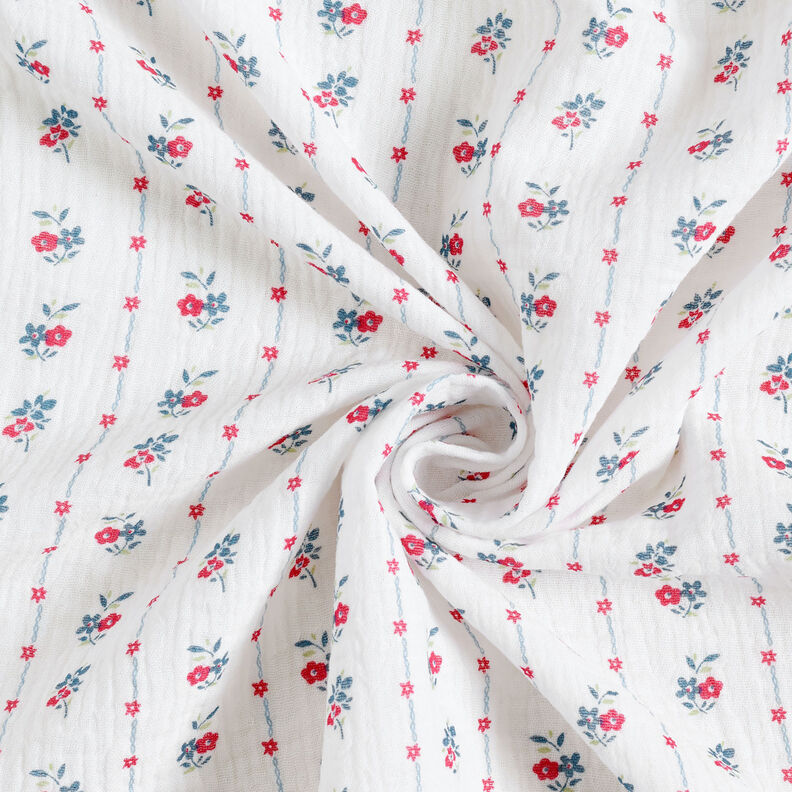 Muślin / Tkanina double crinkle tradycyjne kwiaty | by Poppy biel/malinowy, image number 3