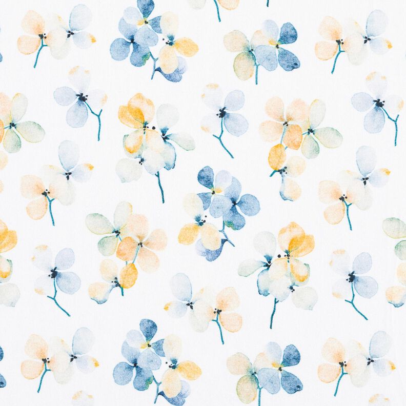 Dżersej bawełniany akwarelowe kwiaty nadruk cyfrowy – kość słoniowa/jasnoniebieski,  image number 1