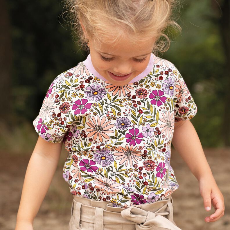 Dżersej bawełniany morze kwiatów | Poppy Fabrics – mleczna biel/liliowy,  image number 5