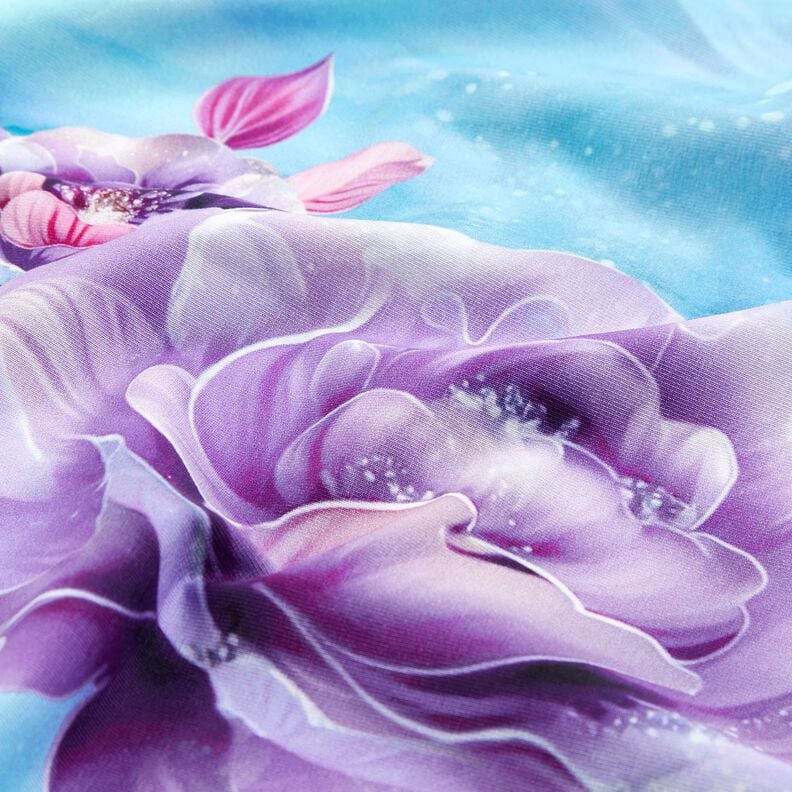 Dżersej bawełniany letnie kwiaty | Glitzerpüppi  – błękitny/lawendowy,  image number 6