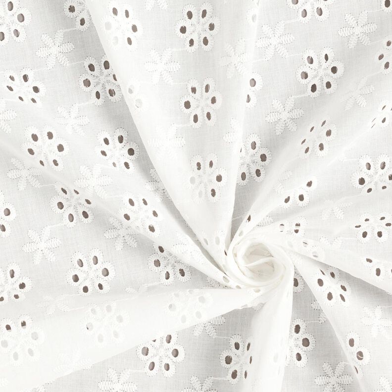 Tkanina bawełniana z haftem angielskim w kwiaty – biel,  image number 3