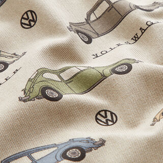 Tkanina dekoracyjna half panama, Volkswagen Garbus – czerń/naturalny, 