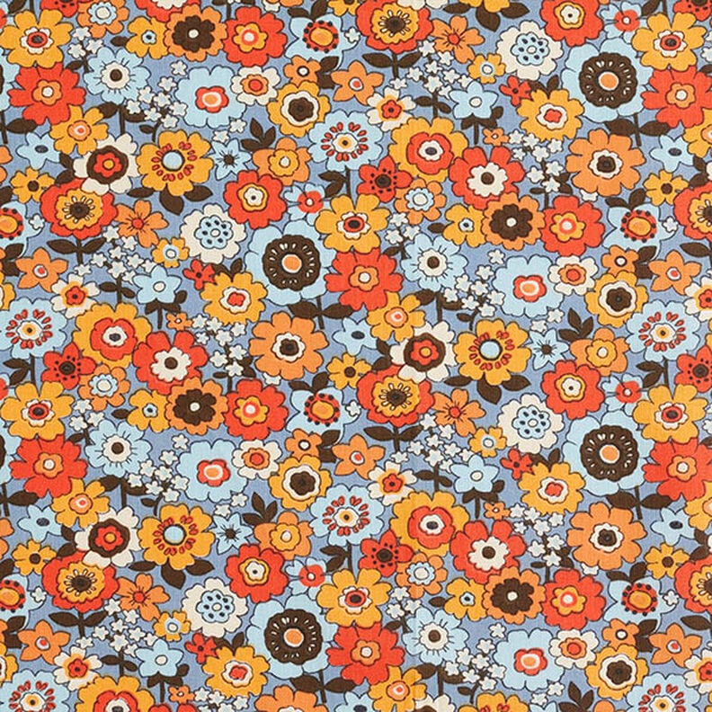 Tkanina bawełniana Kreton kolorowe kwiaty – jasnoniebieski jeans/pomarańcza,  image number 1