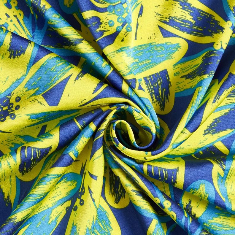 Krepa satynowa duże kwiaty rumianku &ndash; indygo/cytrynowy,  image number 3