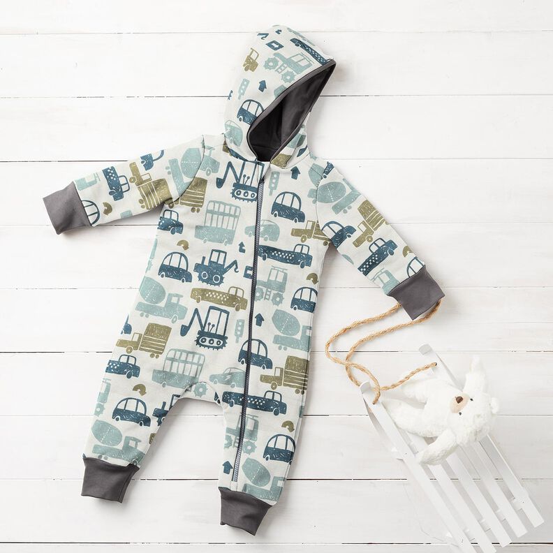 Dzianina dresowa p?telkowa French Terry rysunkowe pojazdy &ndash; biel/b??kit,  image number 8