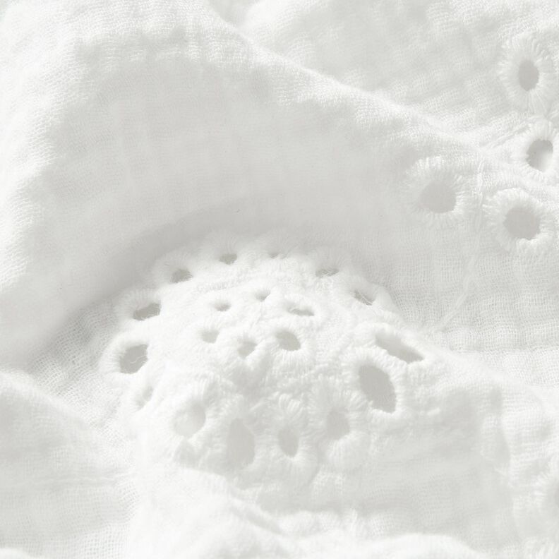 Muślin / Tkanina double crinkle Haft angielski Kwiaty – biel,  image number 2