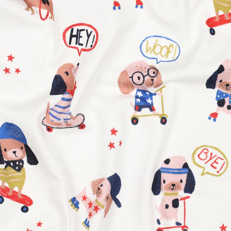Dżersej bawełniany pies jeżdżący na łyżwach nadruk cyfrowy | Poppy Fabrics – kość słoniowa/różowe,  image number 2