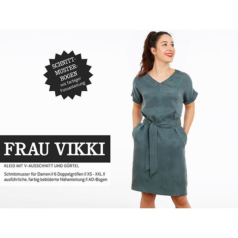 FRAU VIKKI – luźna sukienka z dekoltem w szpic i paskiem, Studio Schnittreif  | XS -  XXL,  image number 1
