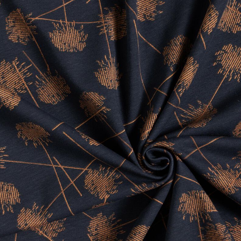 Dżersej bawełniany abstrakcyjne rośliny – czarnoniebieski/jasny brąz,  image number 3