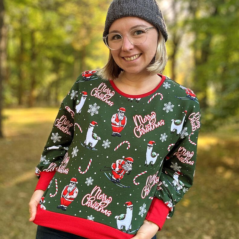 Dzianina dresowa pętelkowa French Terry Święty Mikołaj i lama | Glitzerpüppi – zielony jodłowy/chili,  image number 5