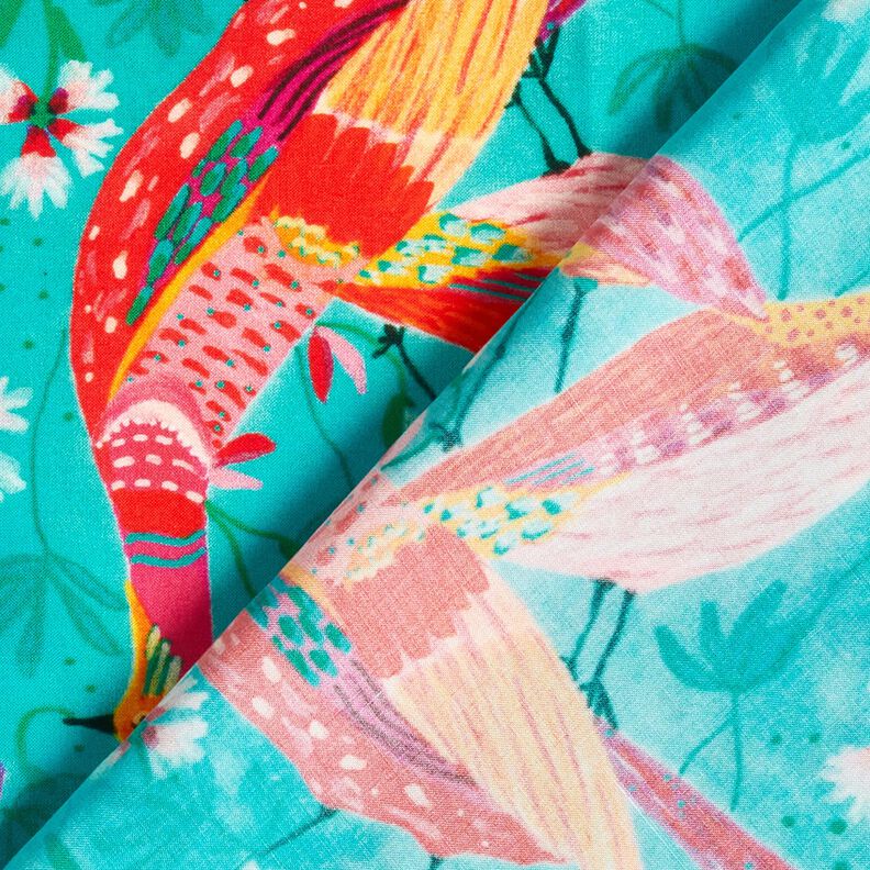 Plażowa tkanina wiskozowa w pawie i kwiaty – błękit morski/intensywny róż,  image number 4