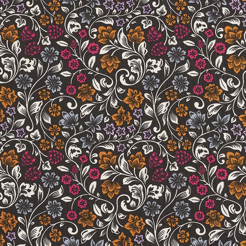 Tkanina bawełniana Kreton motywy kwiatowe – czerń/jasny kreci,  image number 1