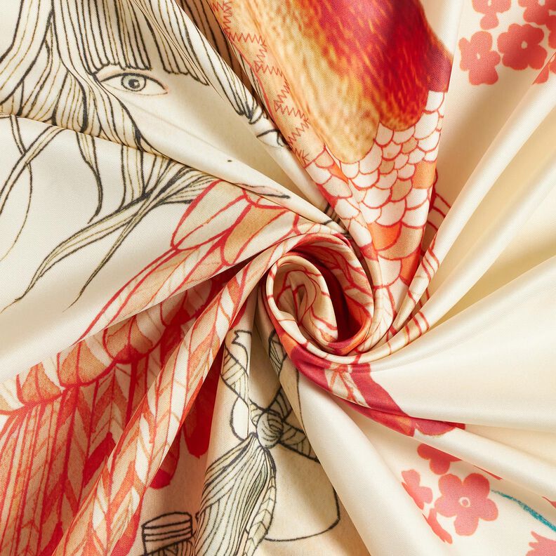 Panel satynowy w ptaki i wróżki | Katia Fabrics – błękit morski/krem, image number 3