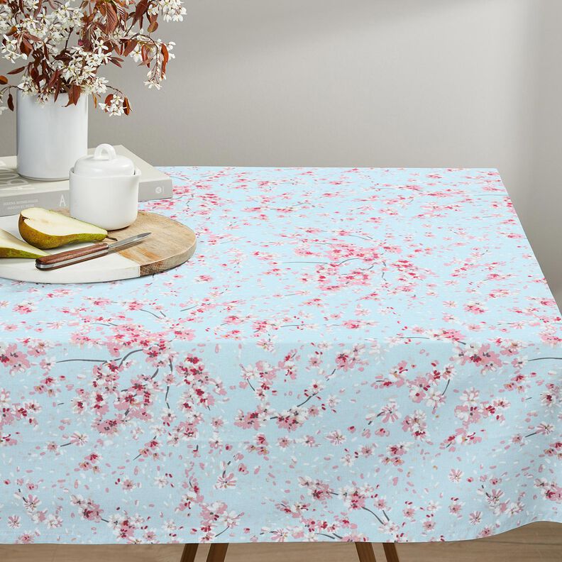 Tkanin dekoracyjna Half panama gałązki kwitnącej wiśni – jasnoniebieski/róż,  image number 7