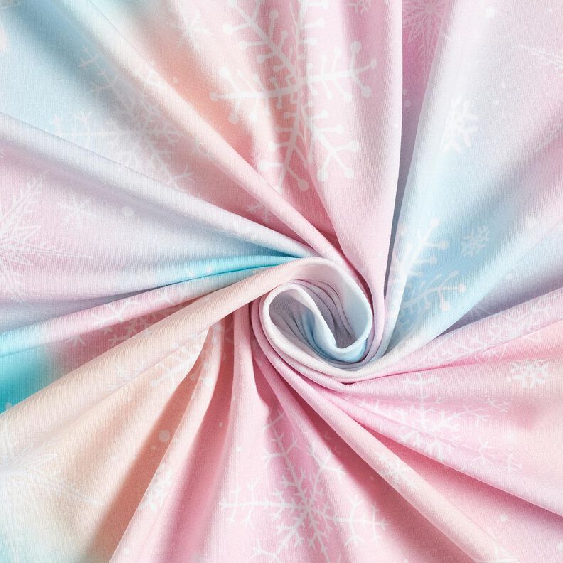 Dżersej bawełniany akwarelowe płatki śniegu, gradient | Glitzerpüppi – lodowy niebieski/różowy, image number 3