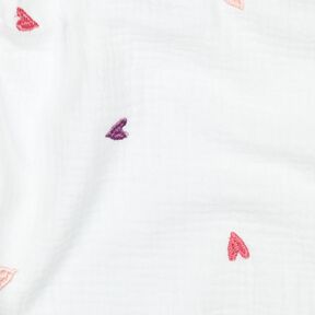 Muślin / Tkanina double crinkle haftowane serca | Poppy Fabrics – biel/różowy, 
