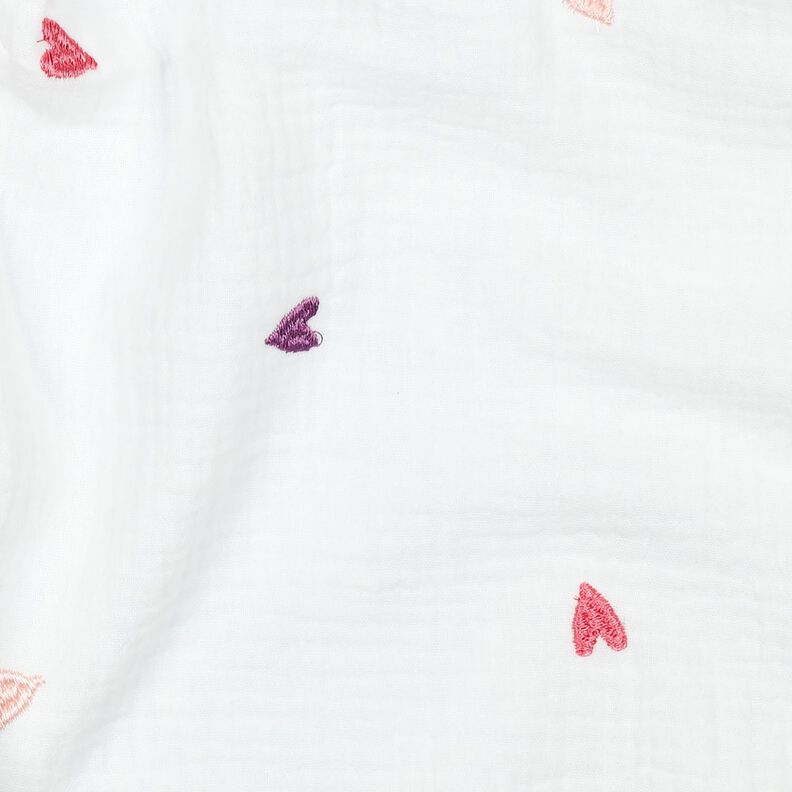 Muślin / Tkanina double crinkle haftowane serca | Poppy Fabrics – biel/różowy,  image number 2