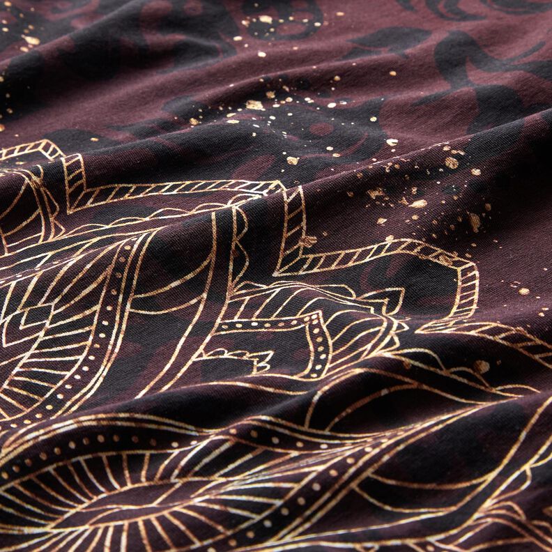 Dżersej bawełnianyTkanina z bordiurą mandala ze złotymi plamkami | Glitzerpüppi – czarny brąz/złoto,  image number 7