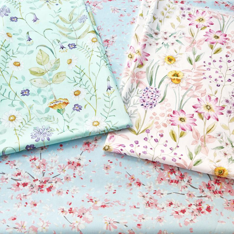 Tkanin dekoracyjna Half panama gałązki kwitnącej wiśni – jasnoniebieski/róż,  image number 5