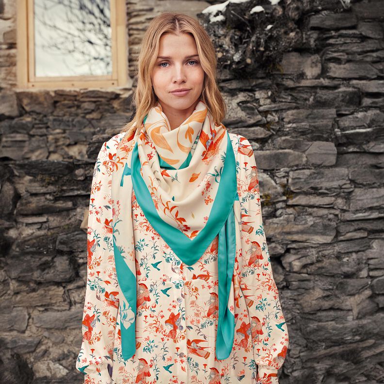 Panel satynowy w ptaki i wróżki | Katia Fabrics – błękit morski/krem, image number 7