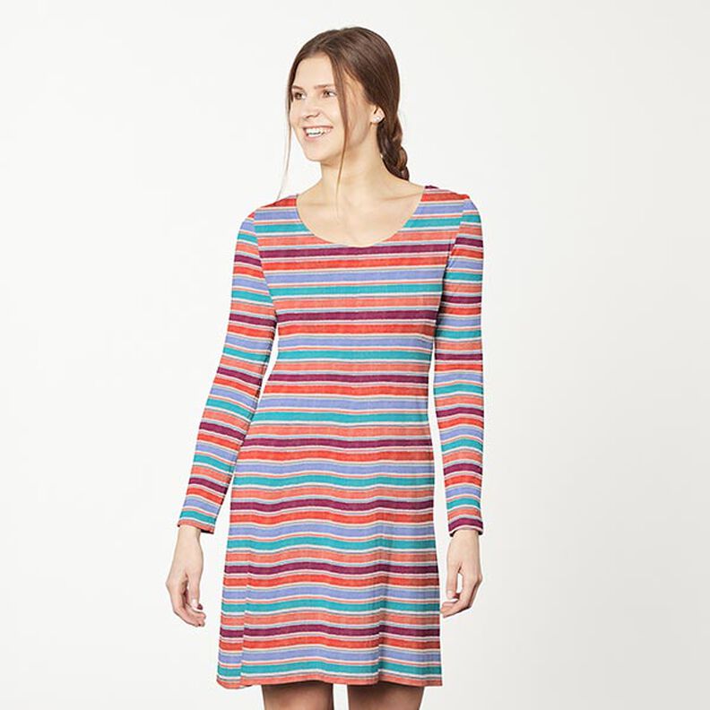 Dżersej bawełniany akwarelowe paski – piasek/łosoś,  image number 5