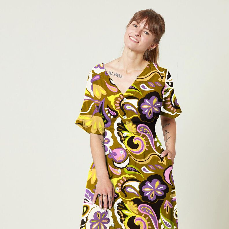 Tkanina wiskozowa kwiaty retro – oliwka/lilia, image number 6